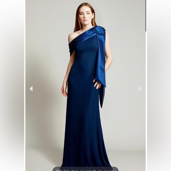 Tadashi Shoii Taffeta Bow One Shoulder Crepe Gown NWT - Picture 2 of 16